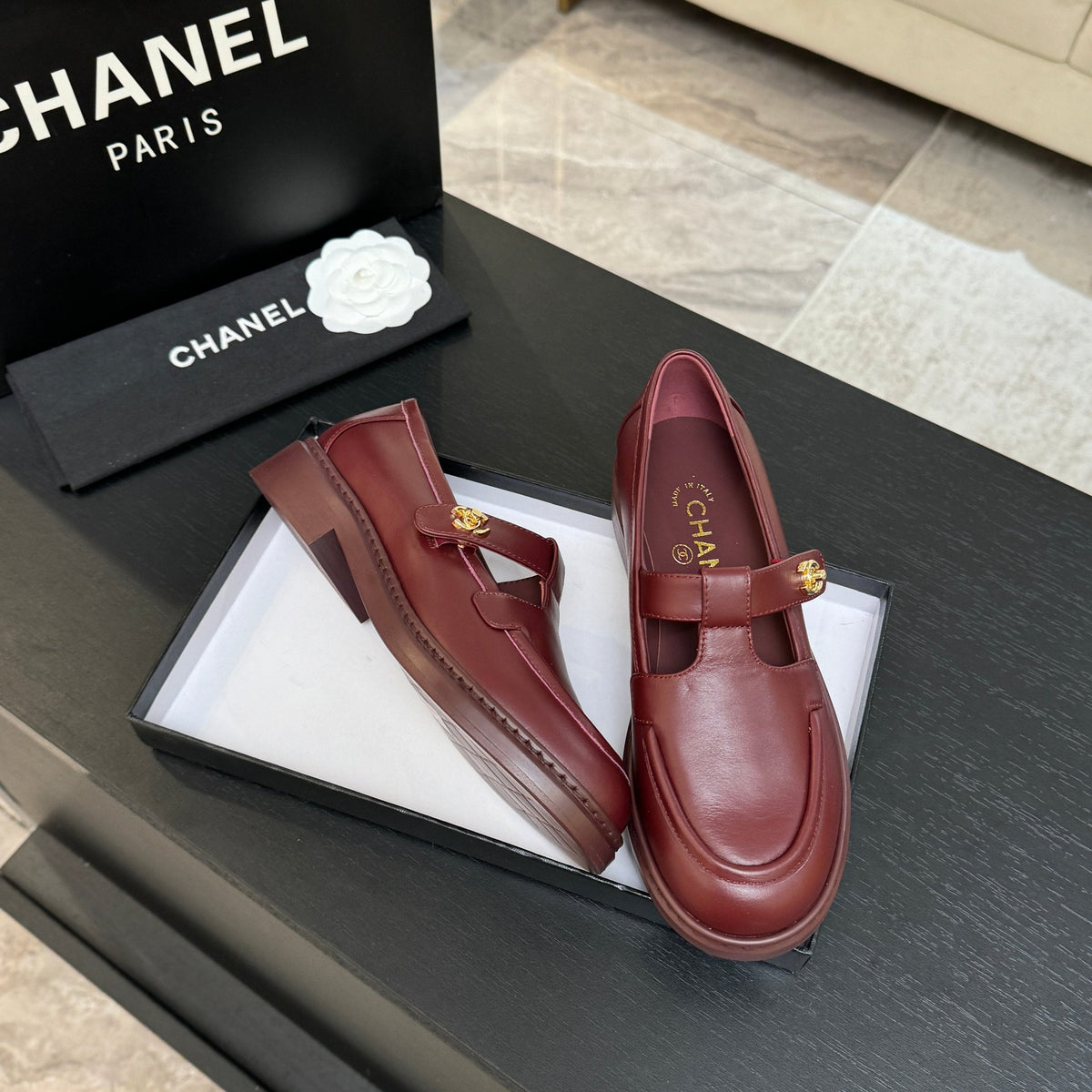 Chanel 26s Mary Jane Loafers 3cm Burgundy Leather 167975