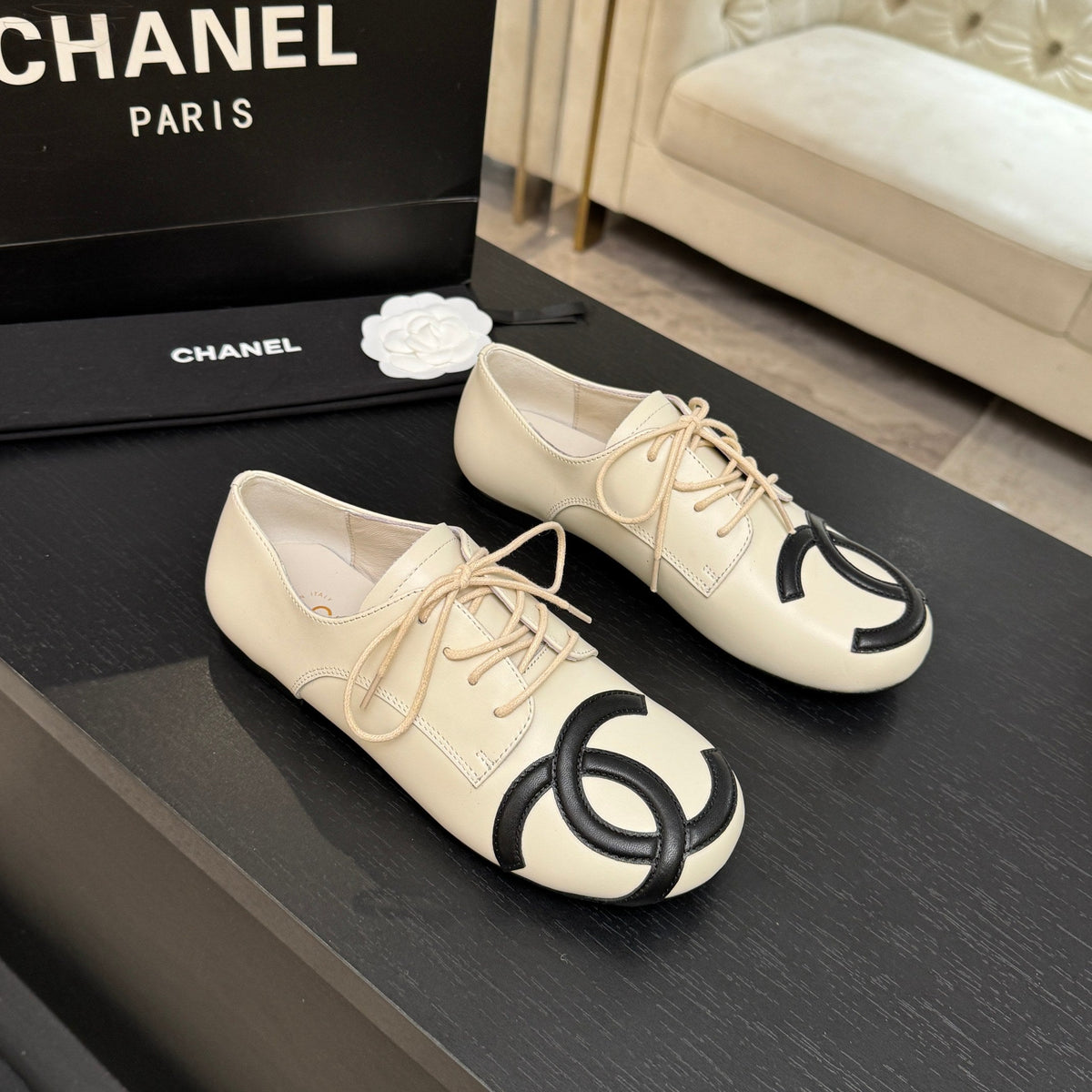 Chanel 26s Cambon Oxfords Cream Black Leather 168046
