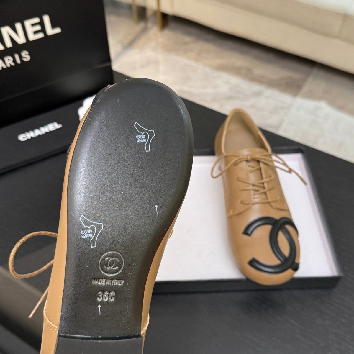 Chanel 26s Cambon Oxfords Camel Black Leather 168047