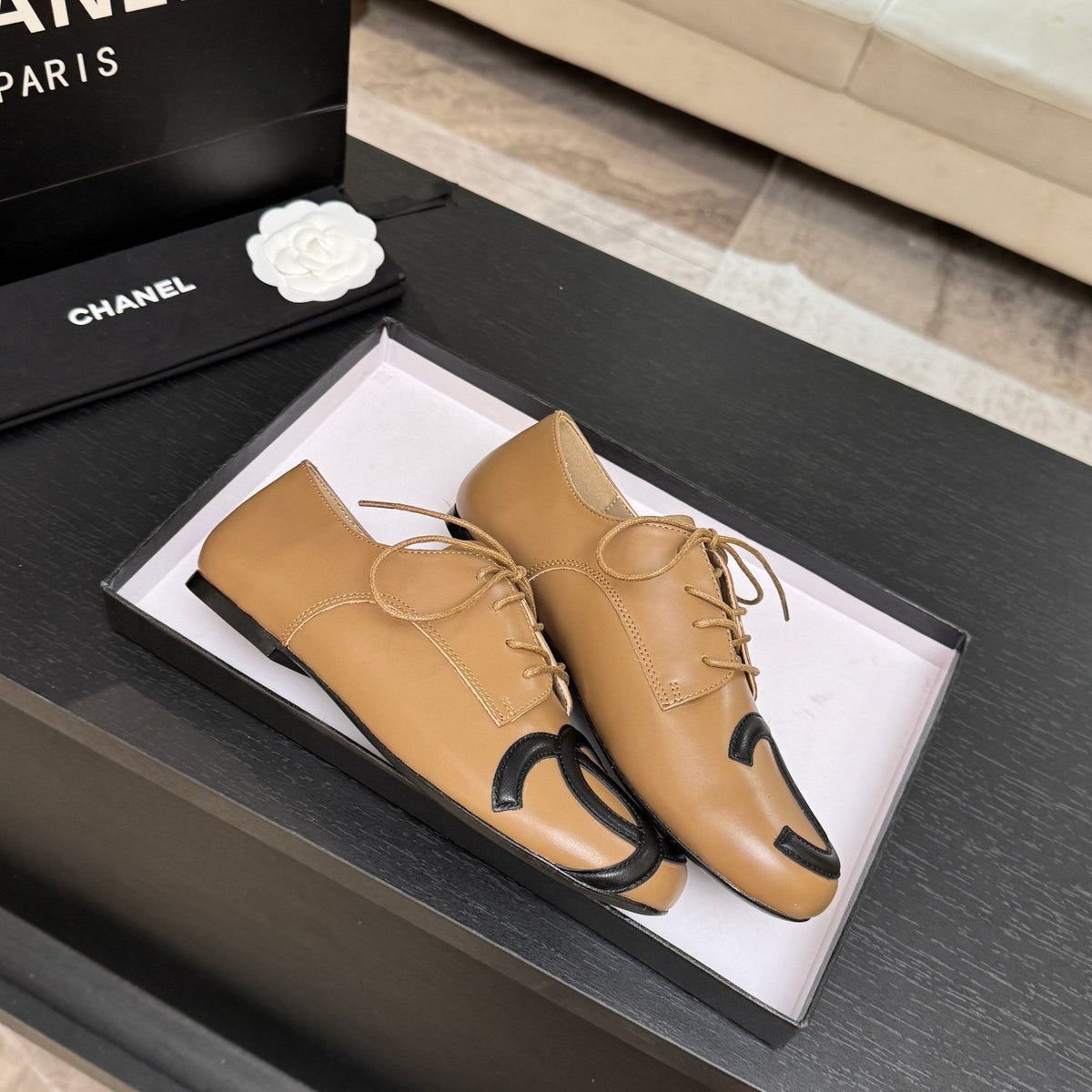 Chanel 26s Cambon Oxfords Camel Black Leather 168047