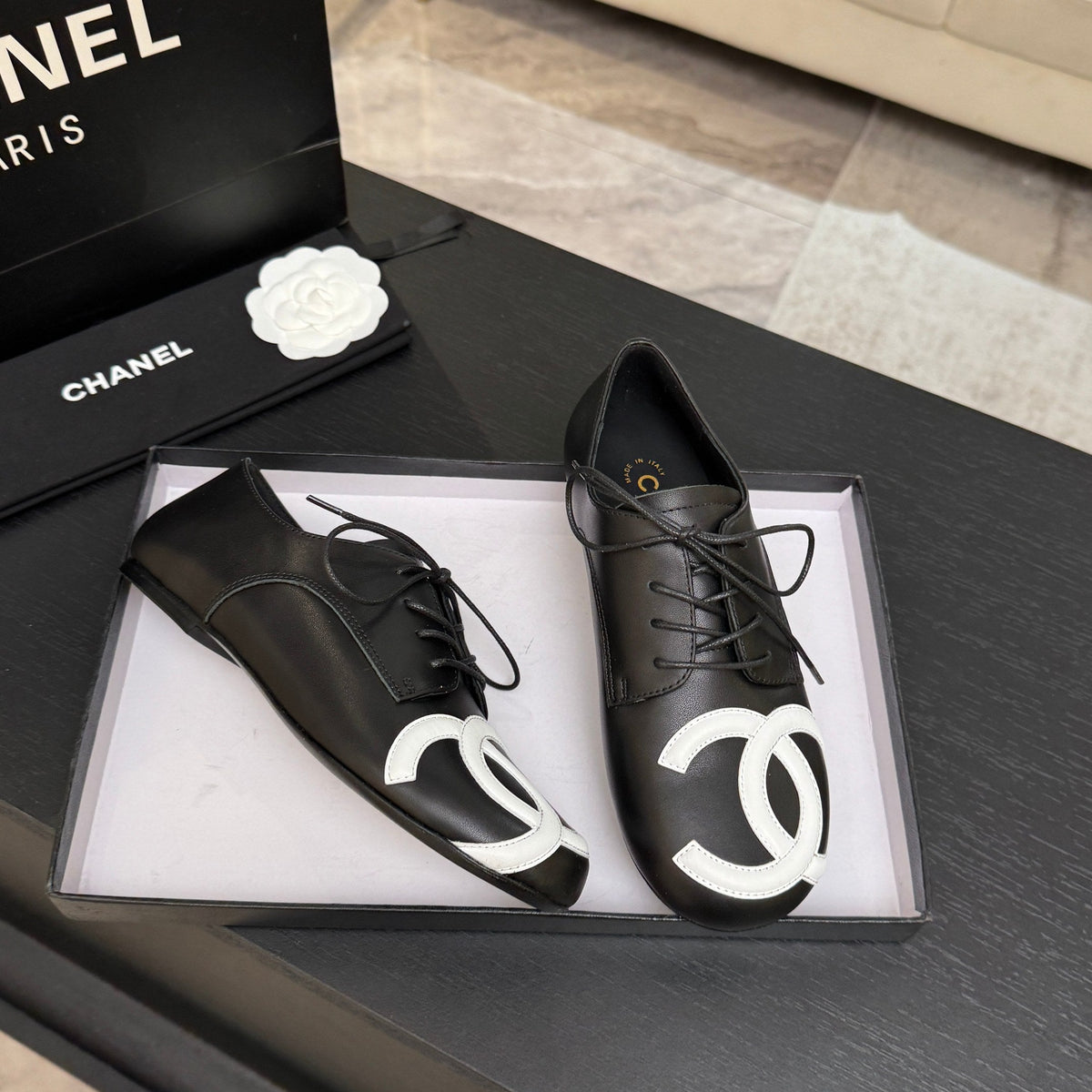 Chanel 26s Cambon Oxfords Black White Leather 168048