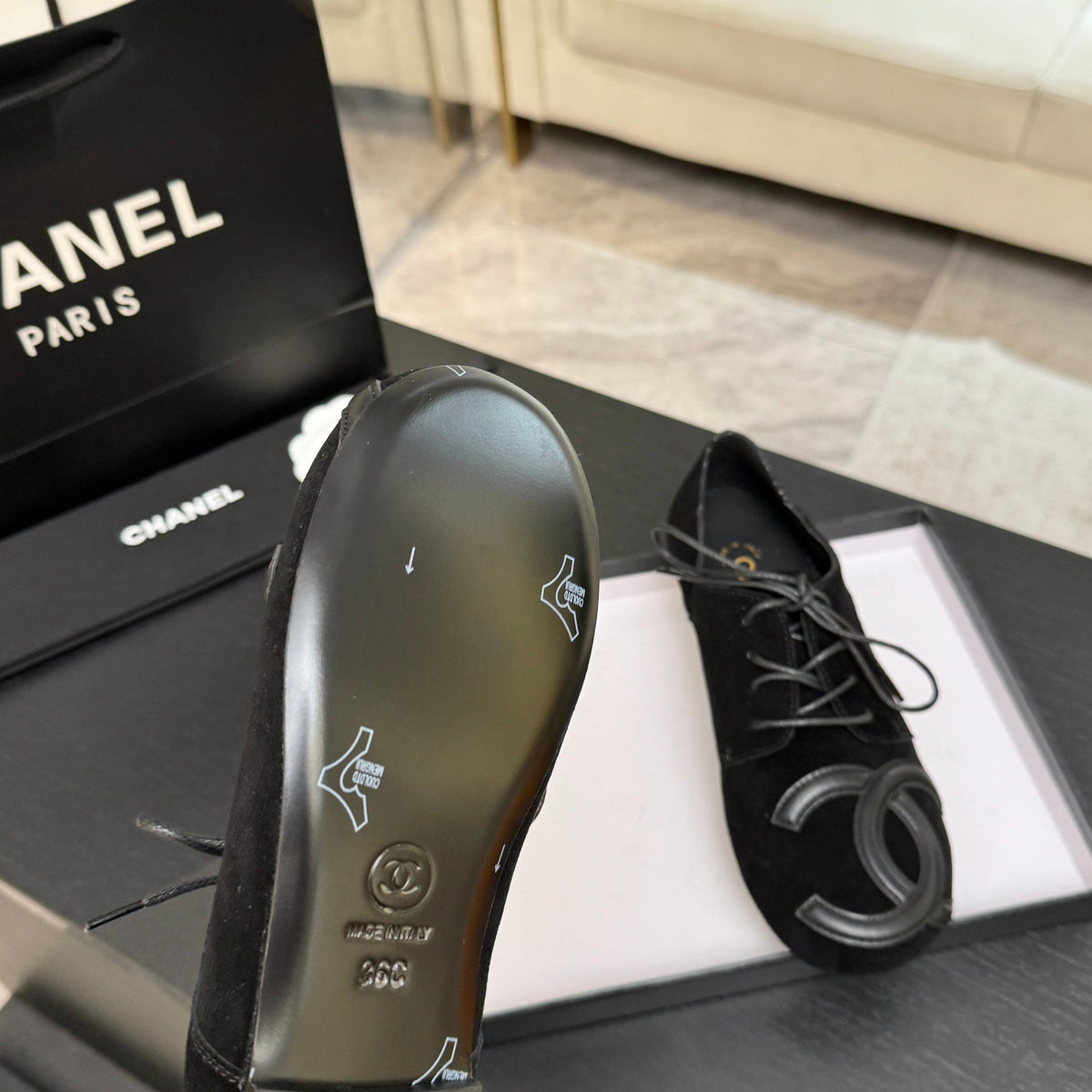 Chanel 26s Cambon Oxfords Black Suede 168049