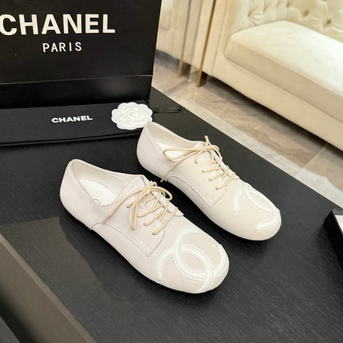 Chanel 26s Cambon Oxfords Cream Suede 168050