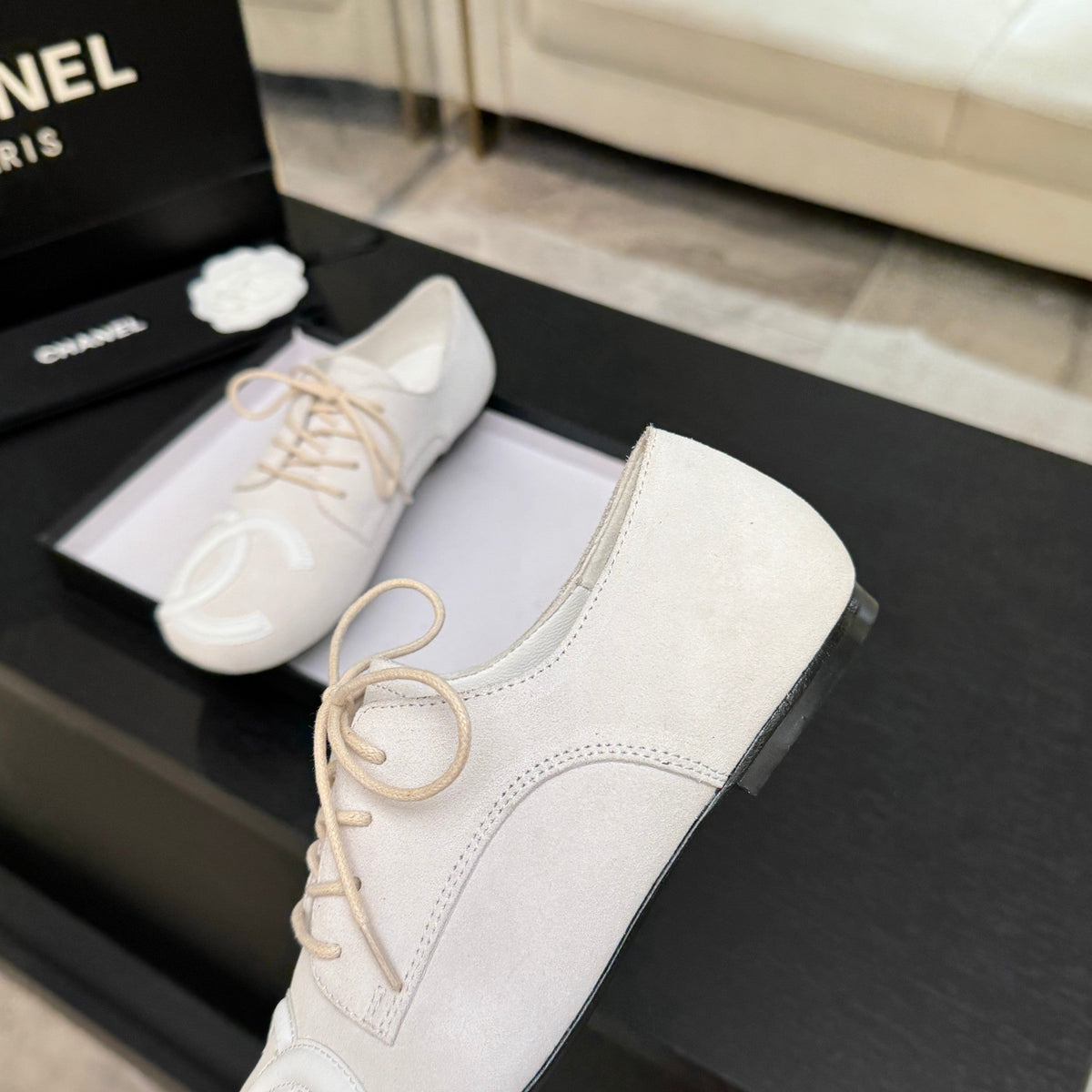 Chanel 26s Cambon Oxfords Cream Suede 168050