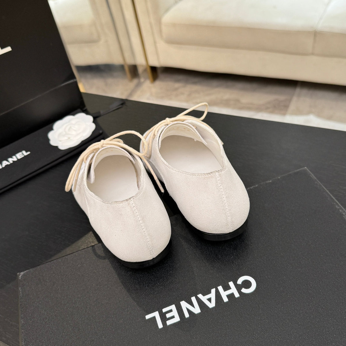 Chanel 26s Cambon Oxfords Cream Suede 168050