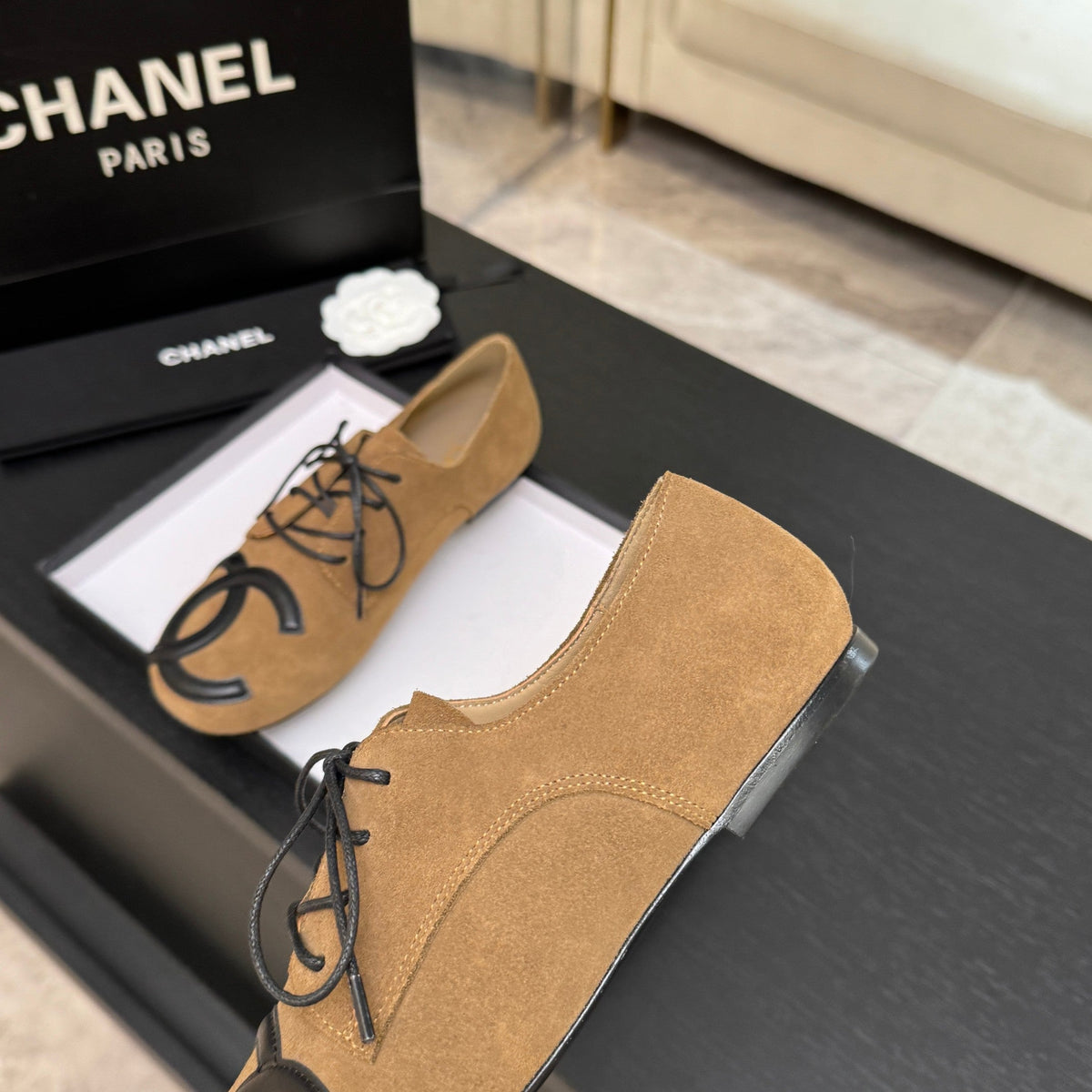 Chanel 26s Cambon Oxfords Beige Suede 168051