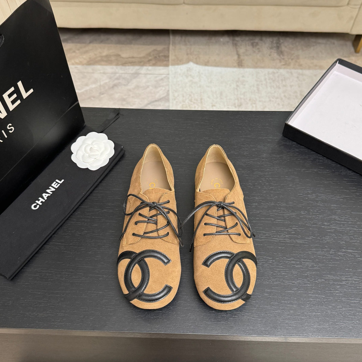 Chanel 26s Cambon Oxfords Beige Suede 168051