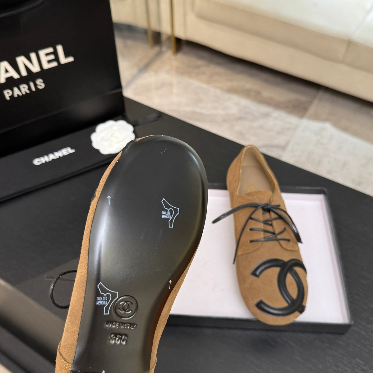 Chanel 26s Cambon Oxfords Beige Suede 168051