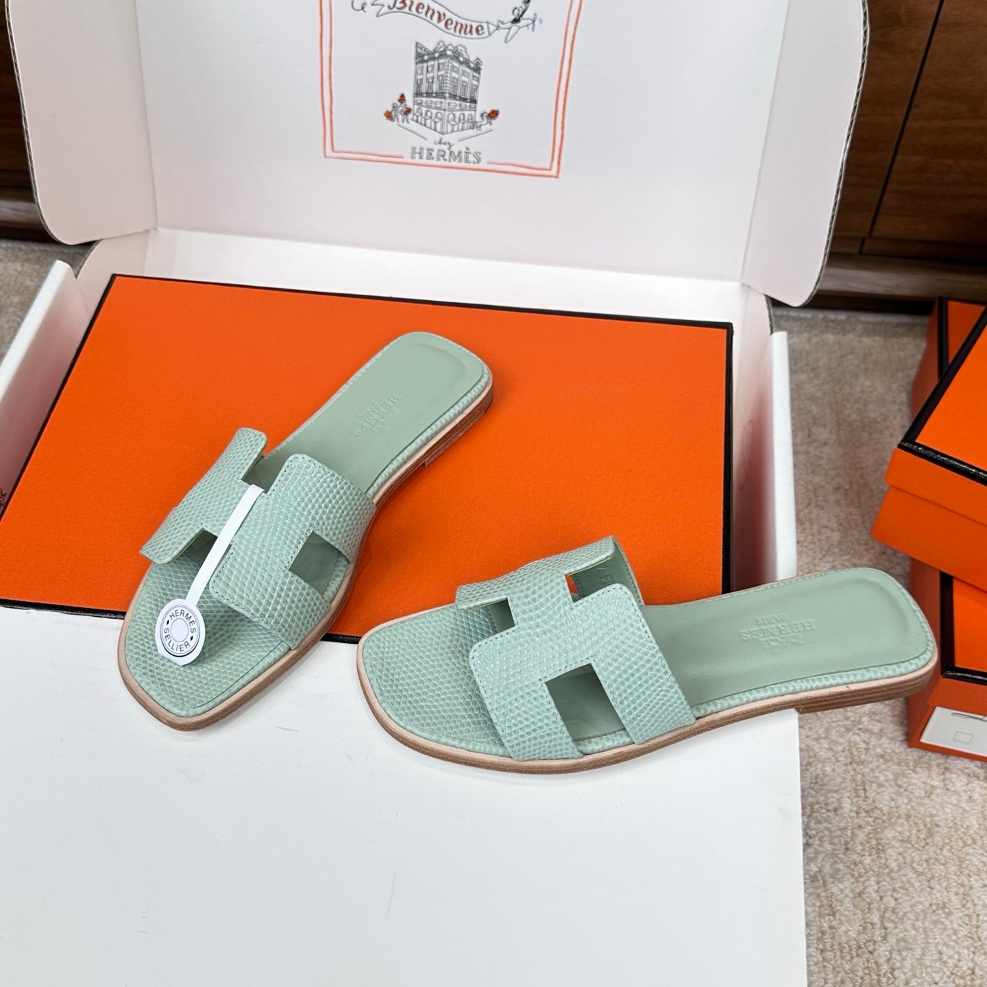HM Oran Sandal Sage Green Embossed Lizard Leather 802375
