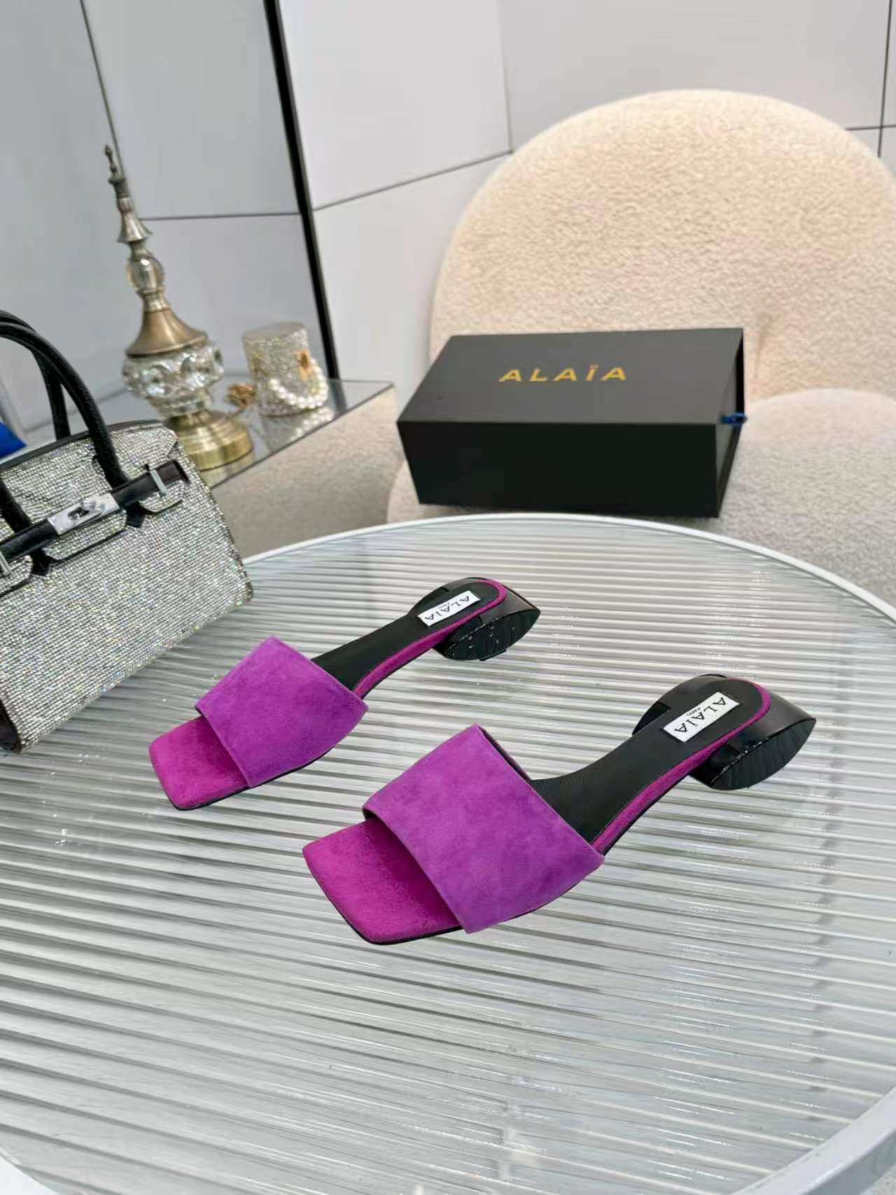 Alaia Suede Ellipse Mules 3cm Purple Black Leather Suede 986462