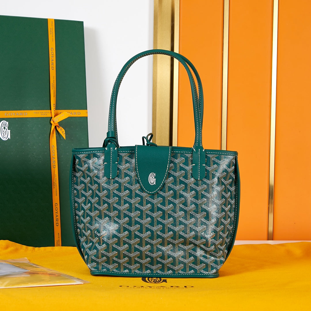 ANJOU MINI BAG 20 IN GREEN GOYARDINE CANVAS AND CALFSKIN WITH CARTOON PATCH