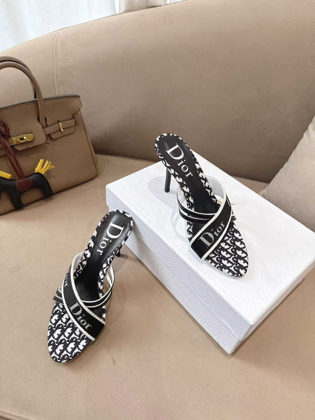 CD 26s Open Toe Mules 8.5cm Black Oblique Canvas Leather 116944