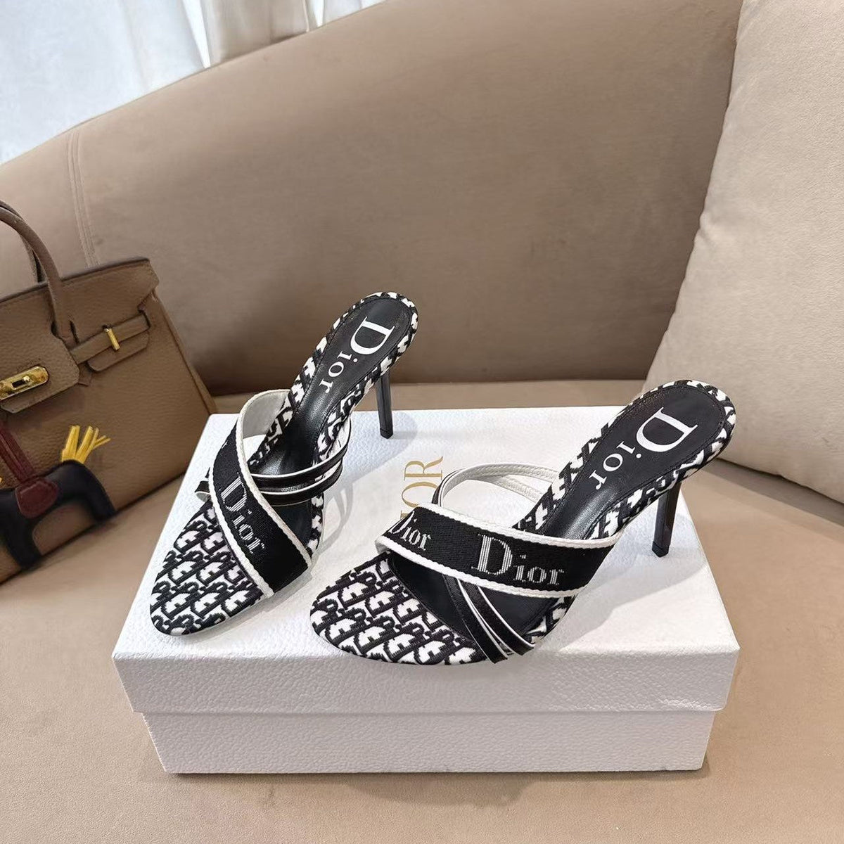 CD 26s Open Toe Mules 8.5cm Black Oblique Canvas Leather 116944
