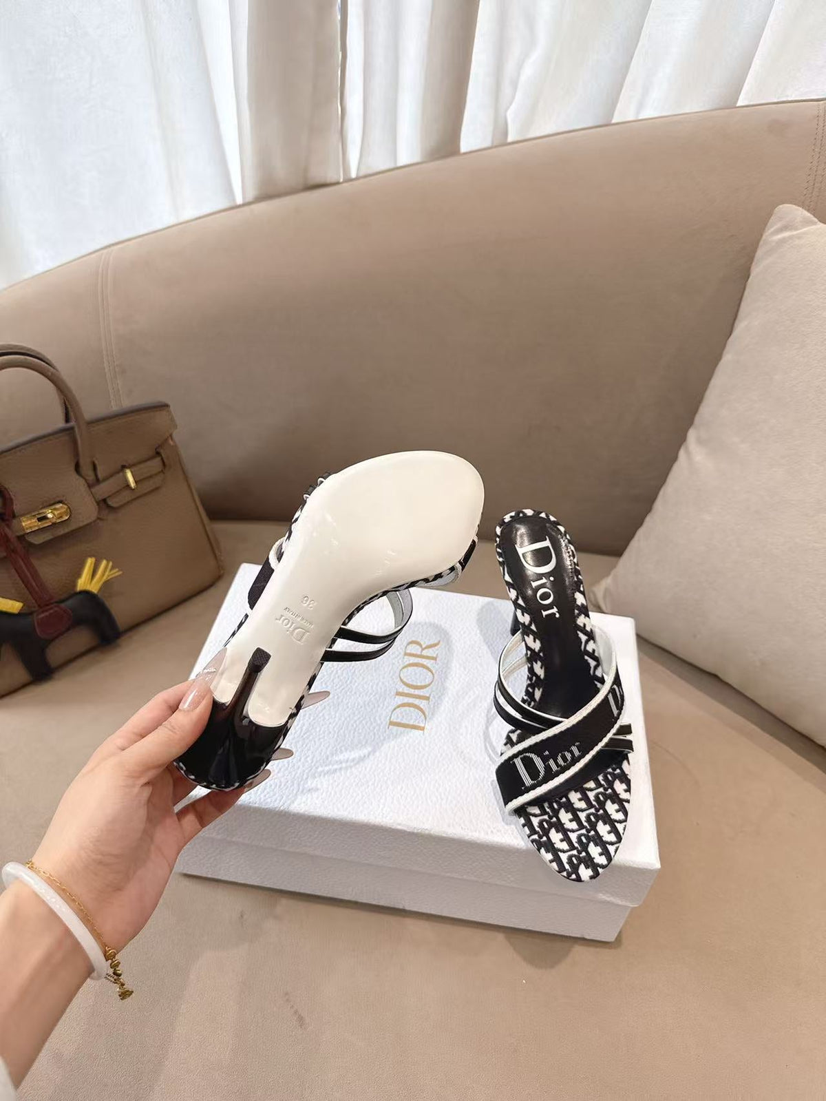 CD 26s Open Toe Mules 8.5cm Black Oblique Canvas Leather 116944