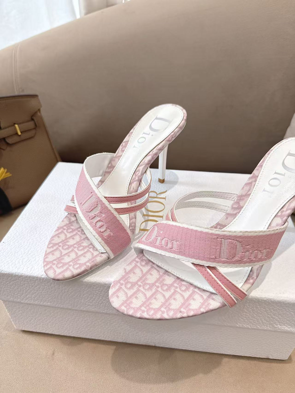 CD 26s Open Toe Mules 8.5cm Pink Oblique Canvas Leather 116945