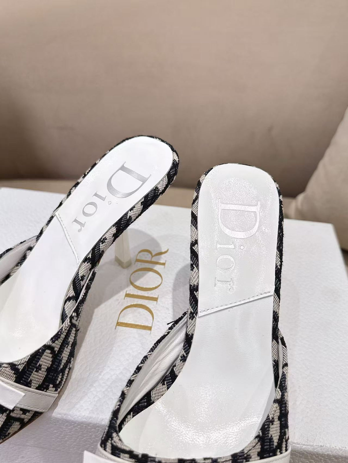 CD 26s Open Toe Mules 8.5cm White Black Oblique Canvas Leather 116948