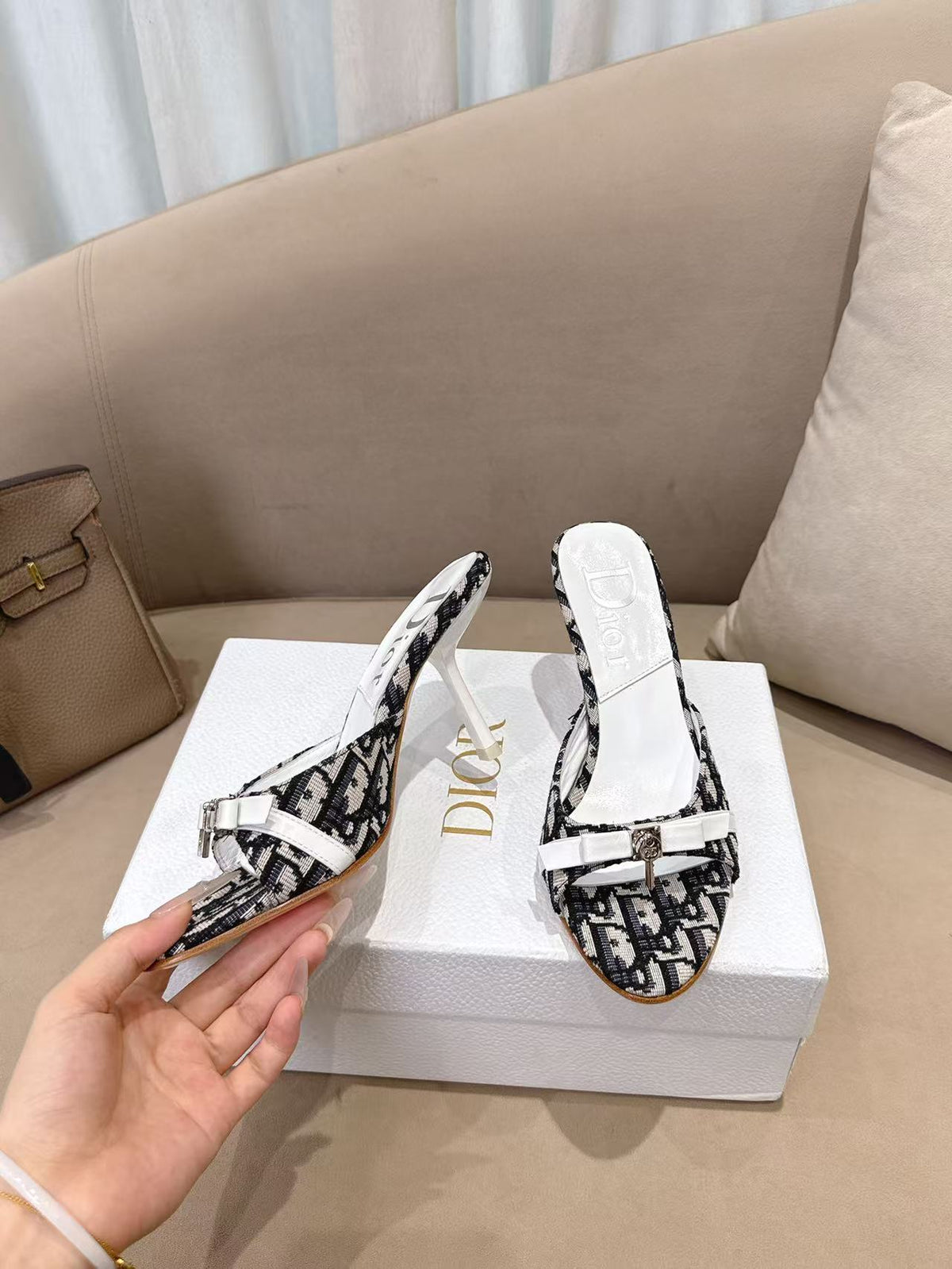 CD 26s Open Toe Mules 8.5cm White Black Oblique Canvas Leather 116948