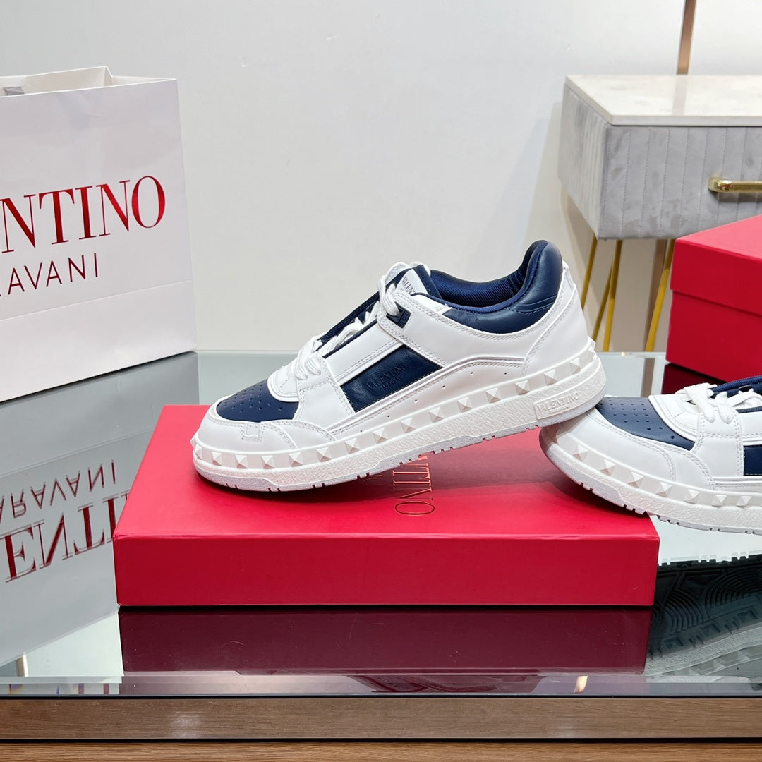 Valentino 25s Garavani Freedots Sneakers In White Mix Dark Navy Blue Lambskin