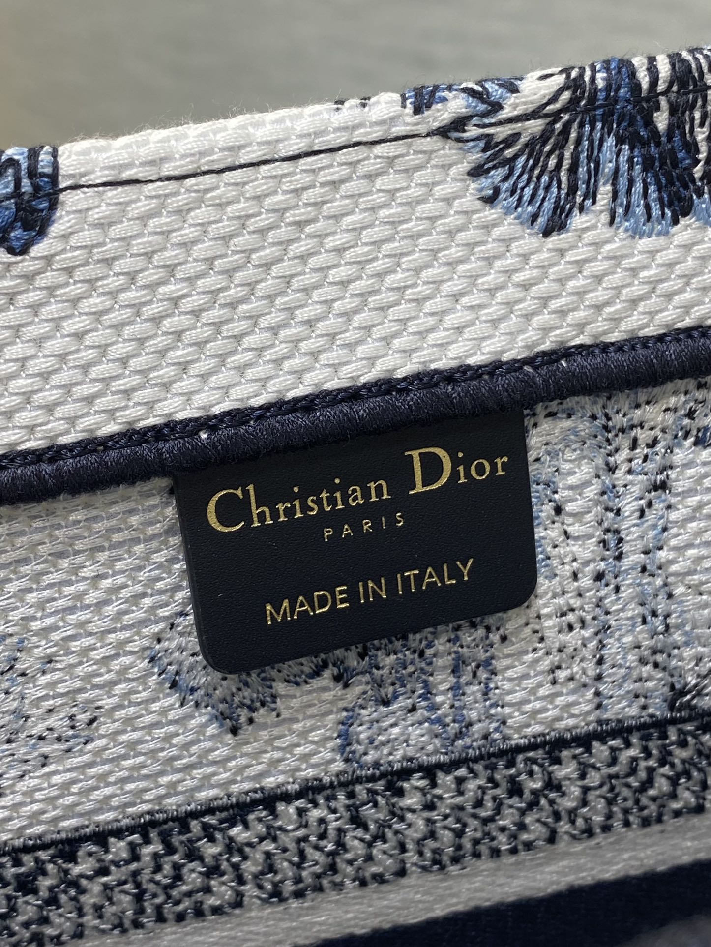 CD Small Dior Book Tote Tropical Pattern Slate Blue White Black Cotton