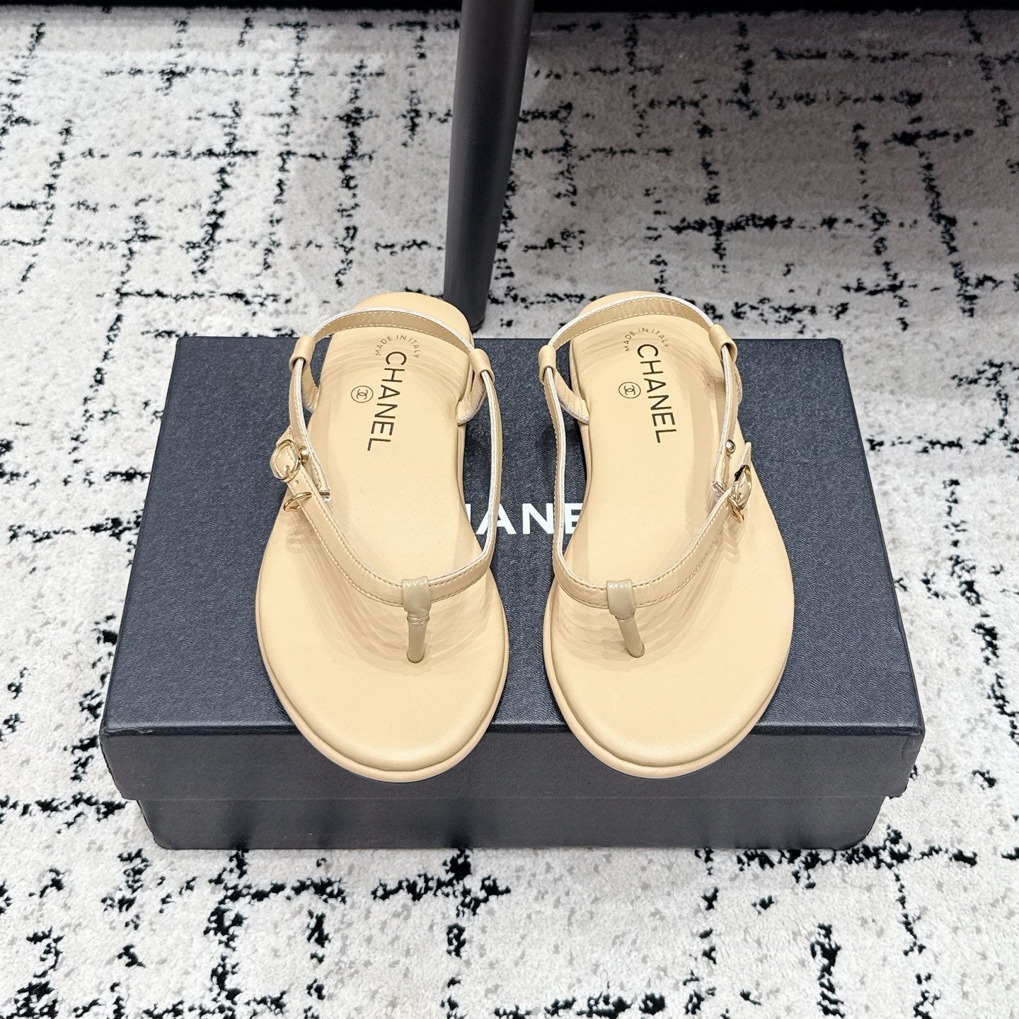 Chanel 26S Thong Sandals In Beige Calfskin With Gold Hardware
