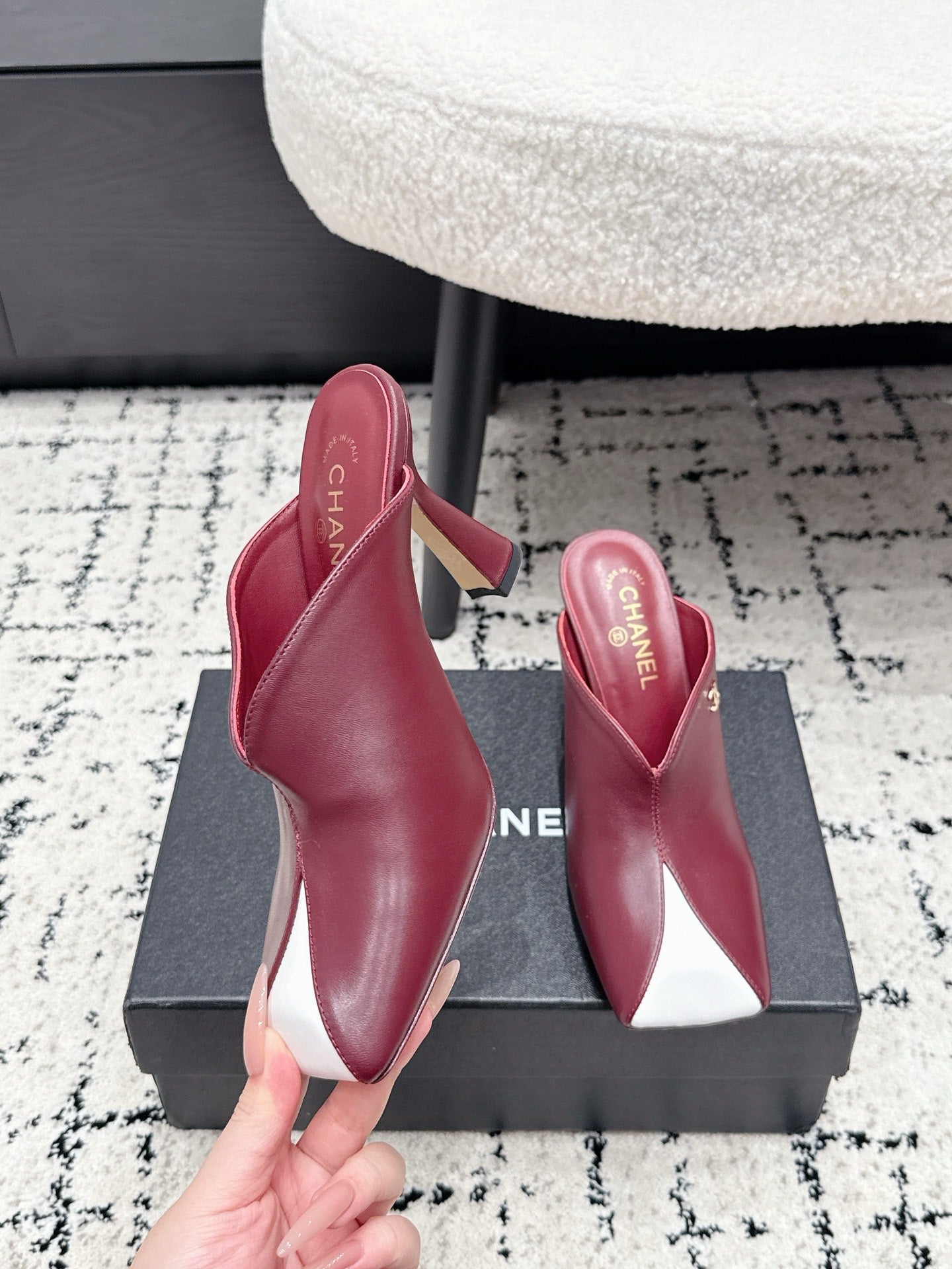 CC 26s Square Toe High Heels 9.5cm Burgundy White Sheepskin 880458