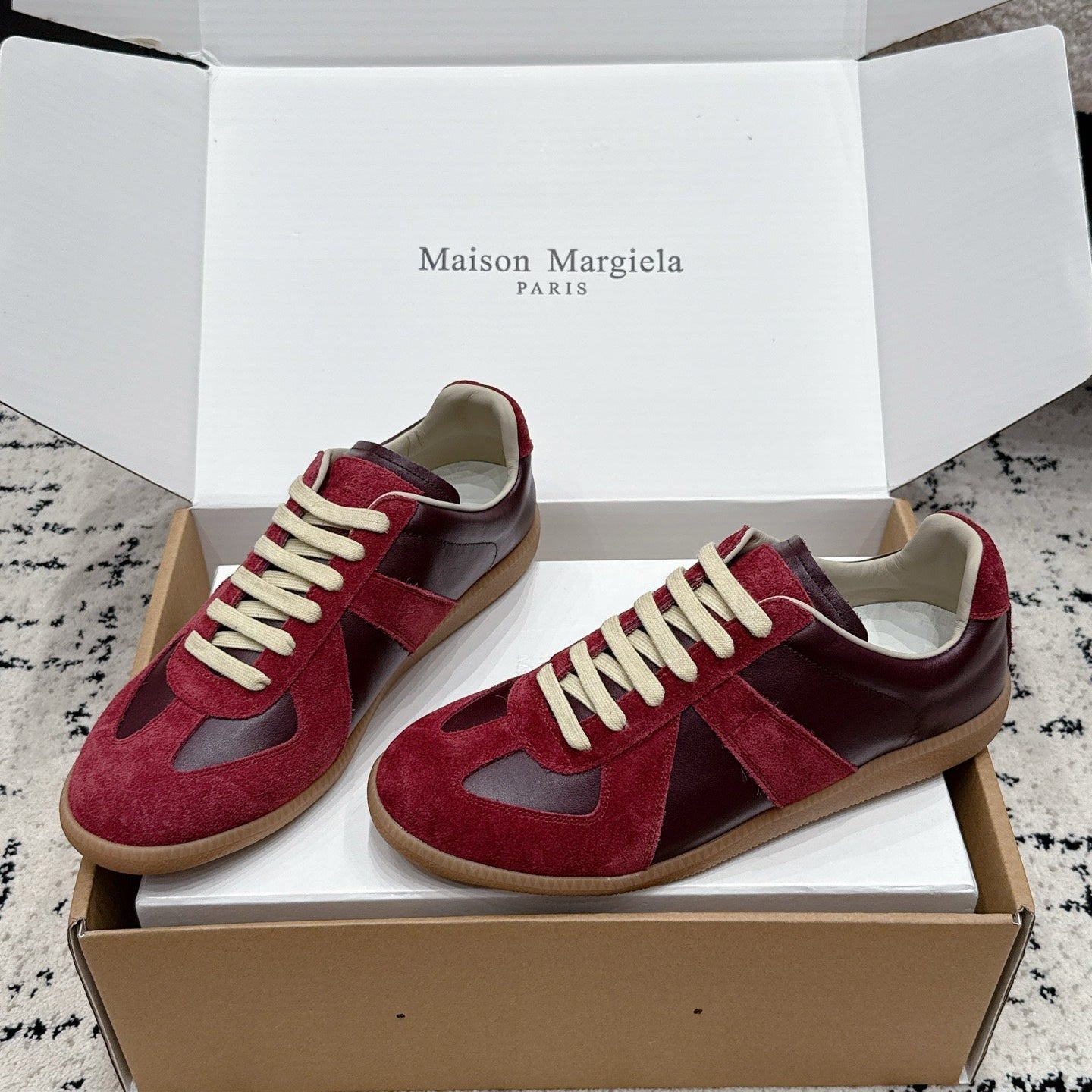 MM6 Replica Casual Sneaker Red Burgundy Sheepskin Suede 881196