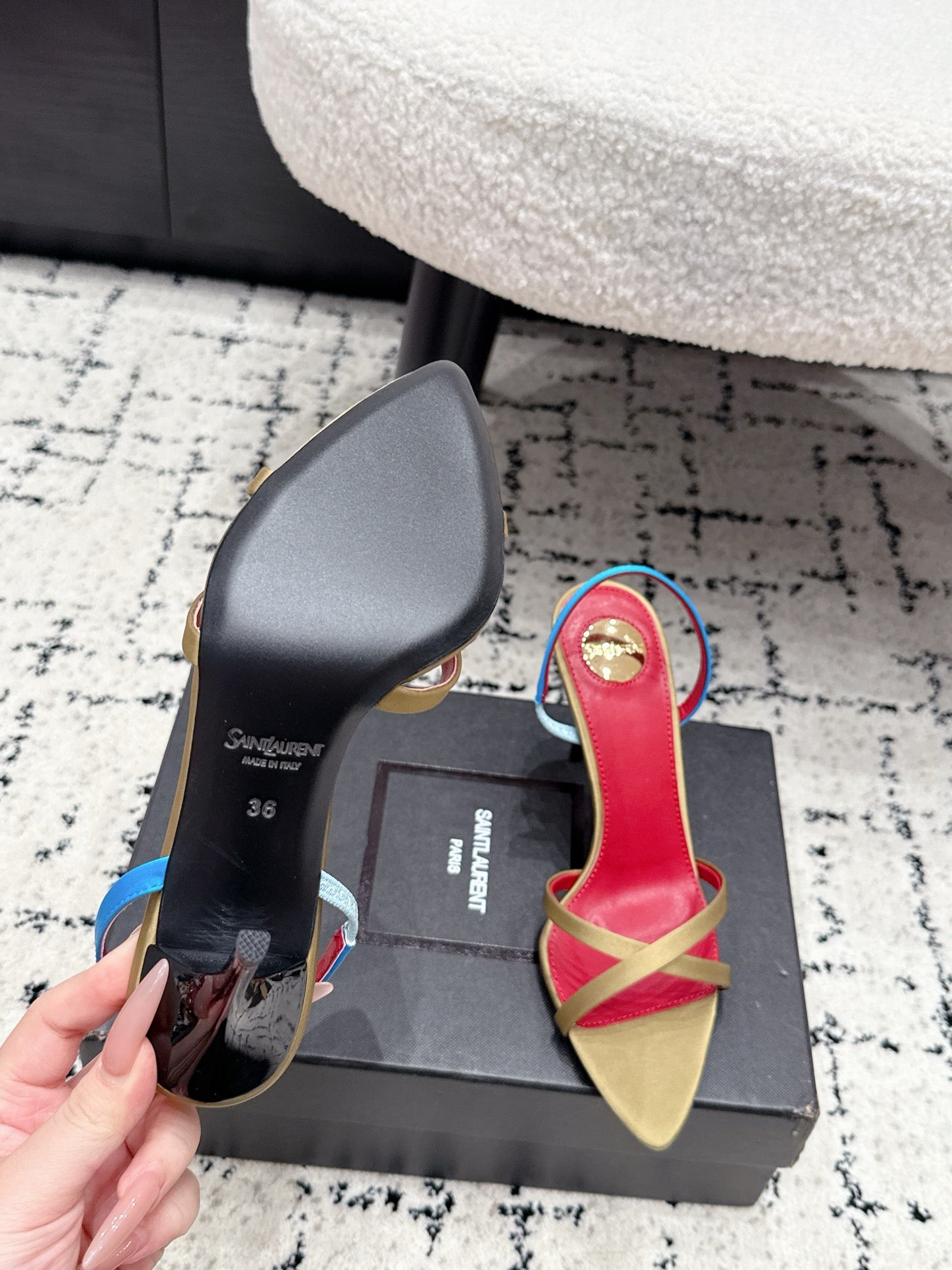 YSL Kirat Sandal 9.5cm Gold Satin 847156