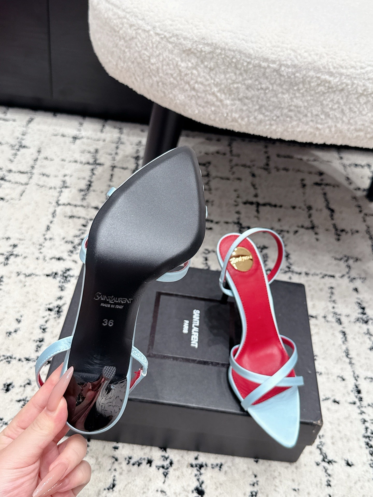 YSL Kirat Sandal 9.5cm Light Blue Satin 847158