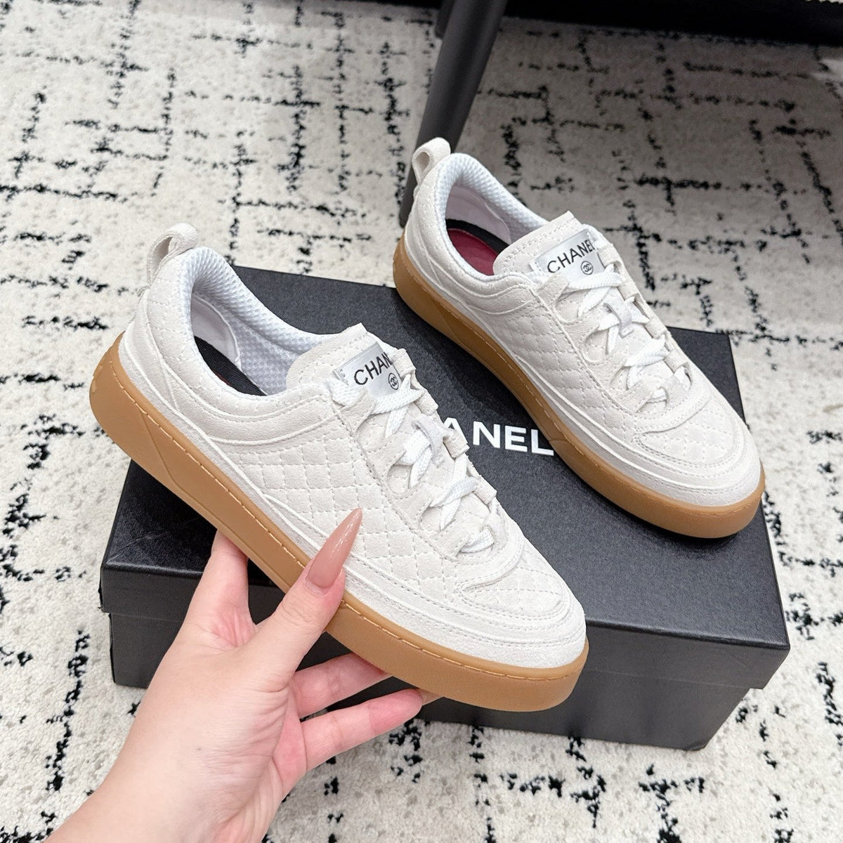 Chanel 26s Quilted Sneakers In White Suede