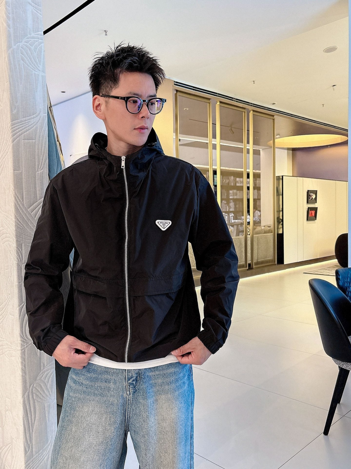 Prada Men’s Logo-Plaque Hooded Windbreaker Black Nylon