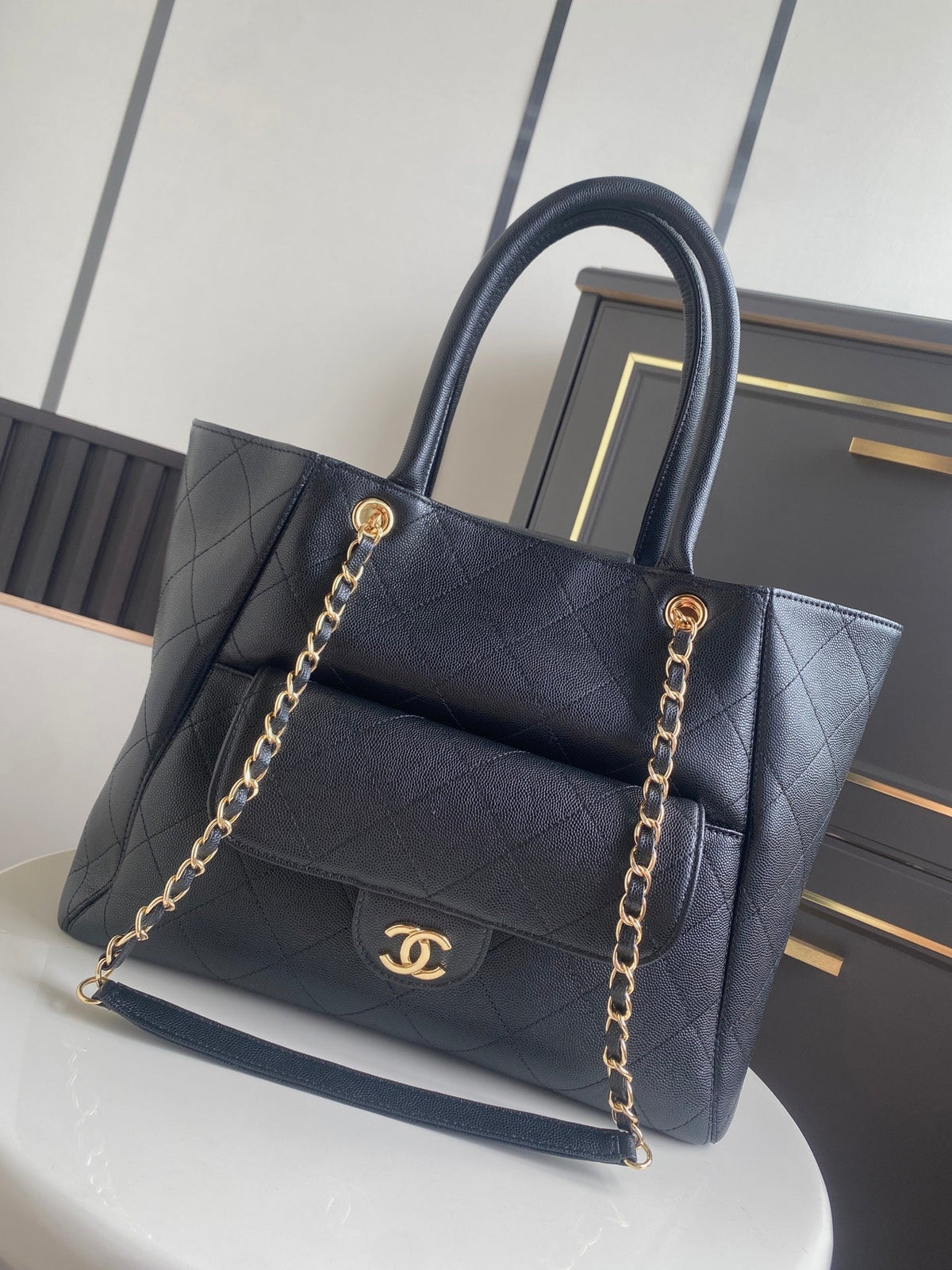 Chanel 26s Quilted Chanel 26s Quilted Large Shopping Tote 39 In navy Caviar Calfskin Gold Hardware