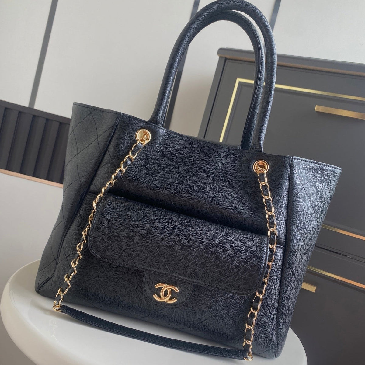 Chanel 26s Quilted Chanel 26s Quilted Large Shopping Tote 39 In navy Caviar Calfskin Gold Hardware