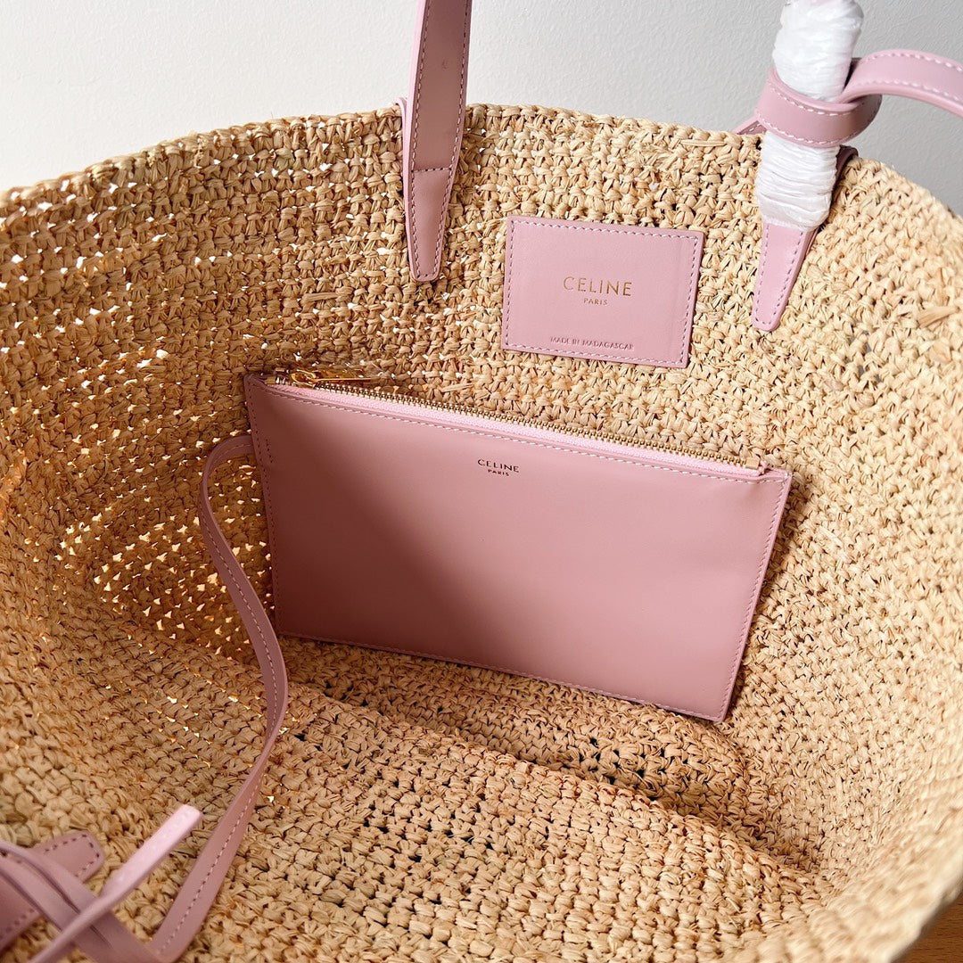 Celine Teen Supple Classic Panier 22cm Pink Calfskin Beige Raffia