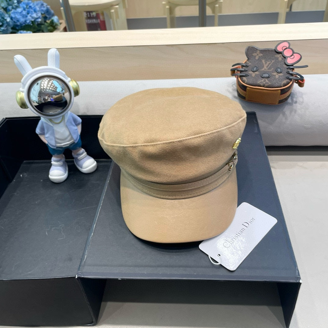 BAKER BOY HAT IN BOUTIQUE BEIGE COTTON AND LEATHER 428244