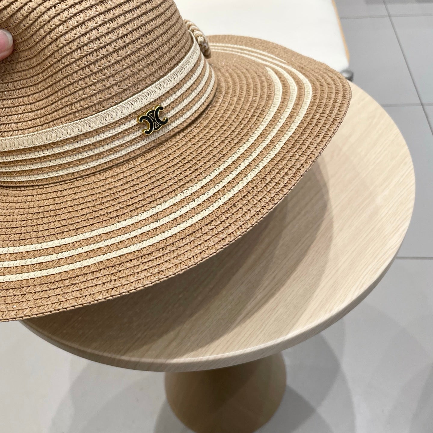 WIDE BRIM HAT MODEL 650409 IN BROWN WITH CREAM STRIPES WOVEN STRAW