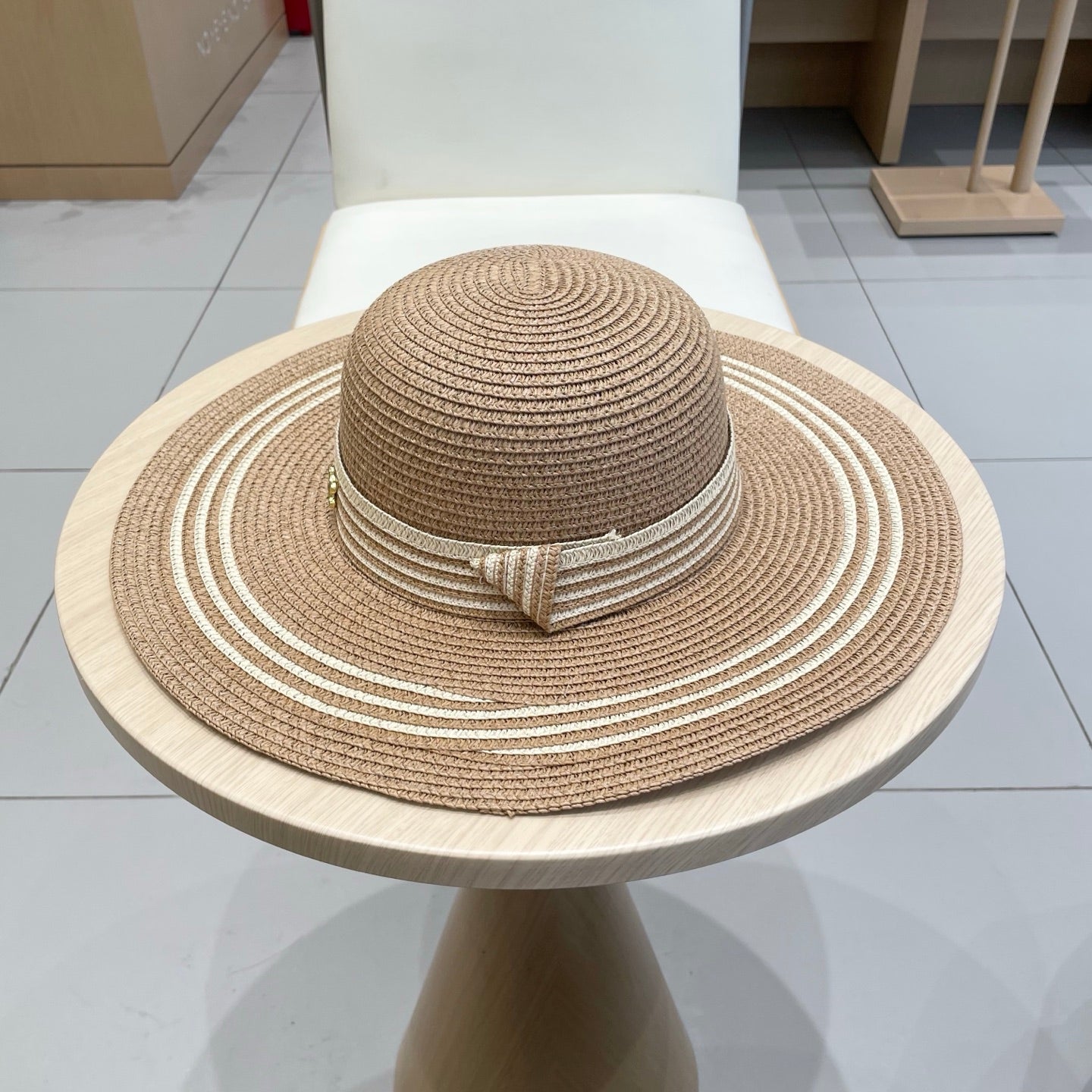 WIDE BRIM HAT MODEL 650409 IN BROWN WITH CREAM STRIPES WOVEN STRAW