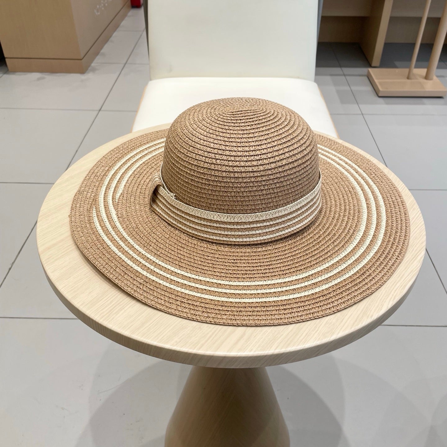WIDE BRIM HAT MODEL 650409 IN BROWN WITH CREAM STRIPES WOVEN STRAW