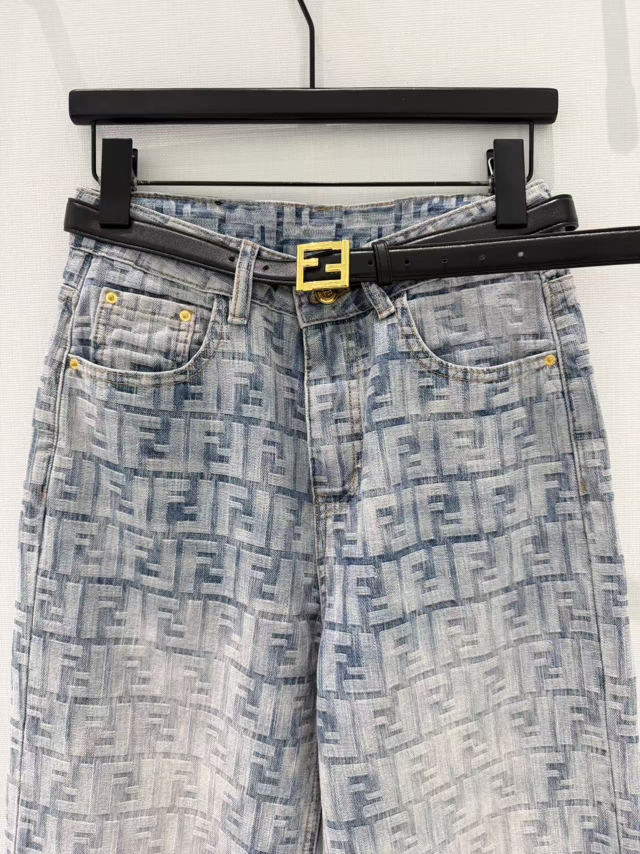 Fendi FF Monogram Wide-Leg Jeans Light Blue Cotton Polyester 351251