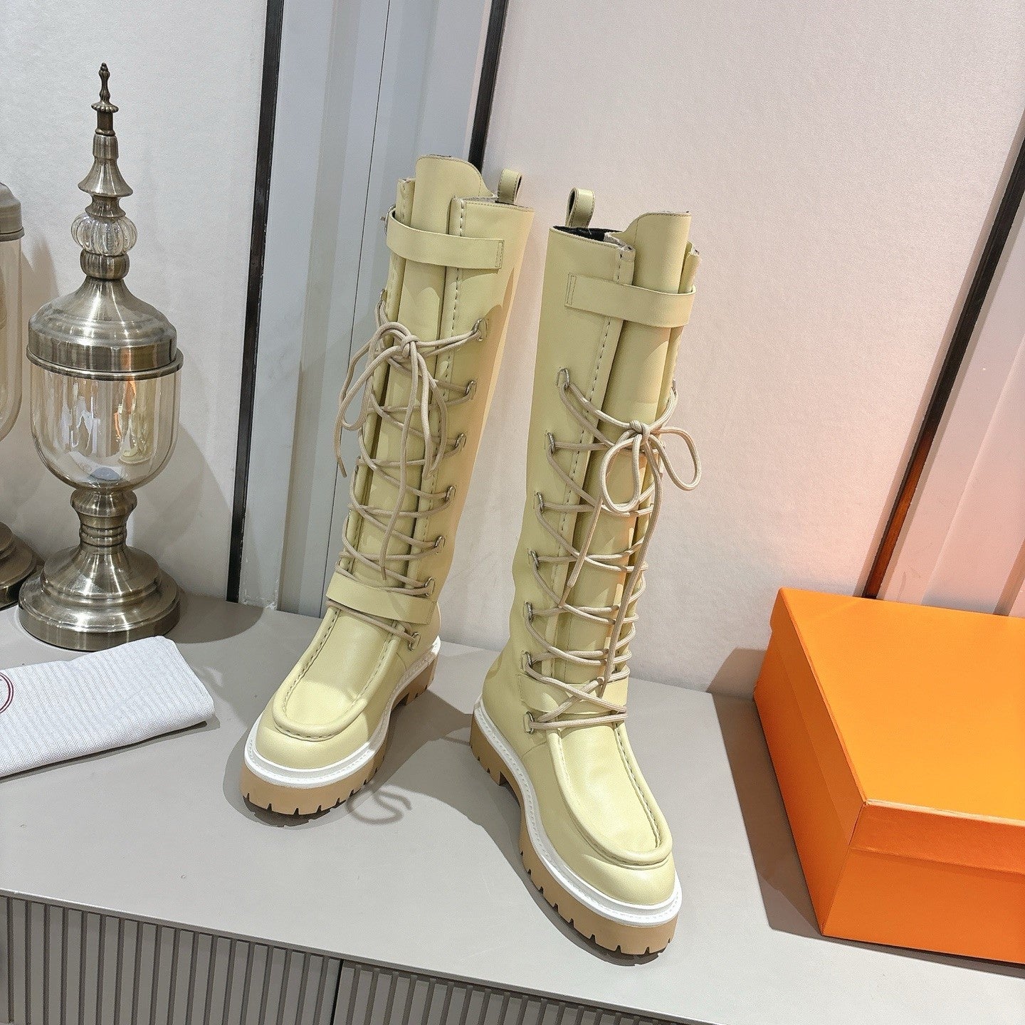 HM Lace Up Boots 25mm Belt Buckle Yellow-beige Leather 466587