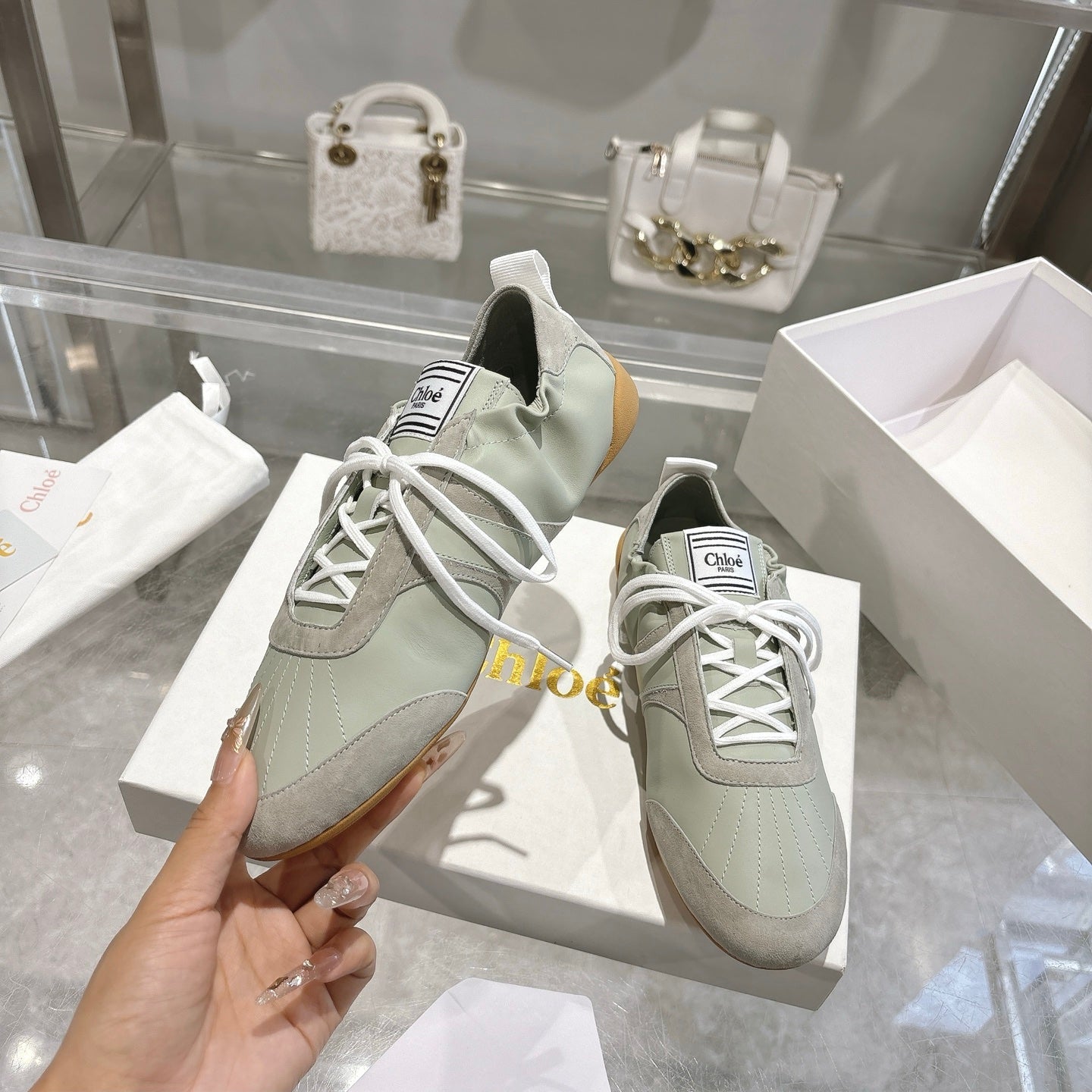 Chloe Sneaker casual shoes light sage green cowhide 518813