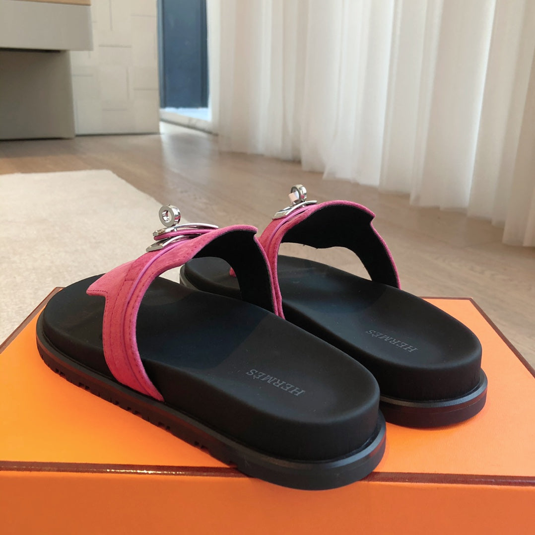 Empire Sandal Black Lambskin Hot Pink Suede Goatskin
