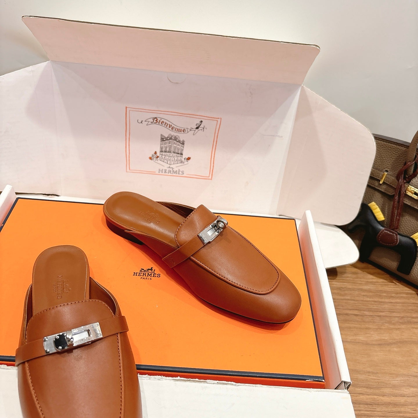 HM 26s Kelly Mule In Caramel Brown Calfskin Silver Hardware