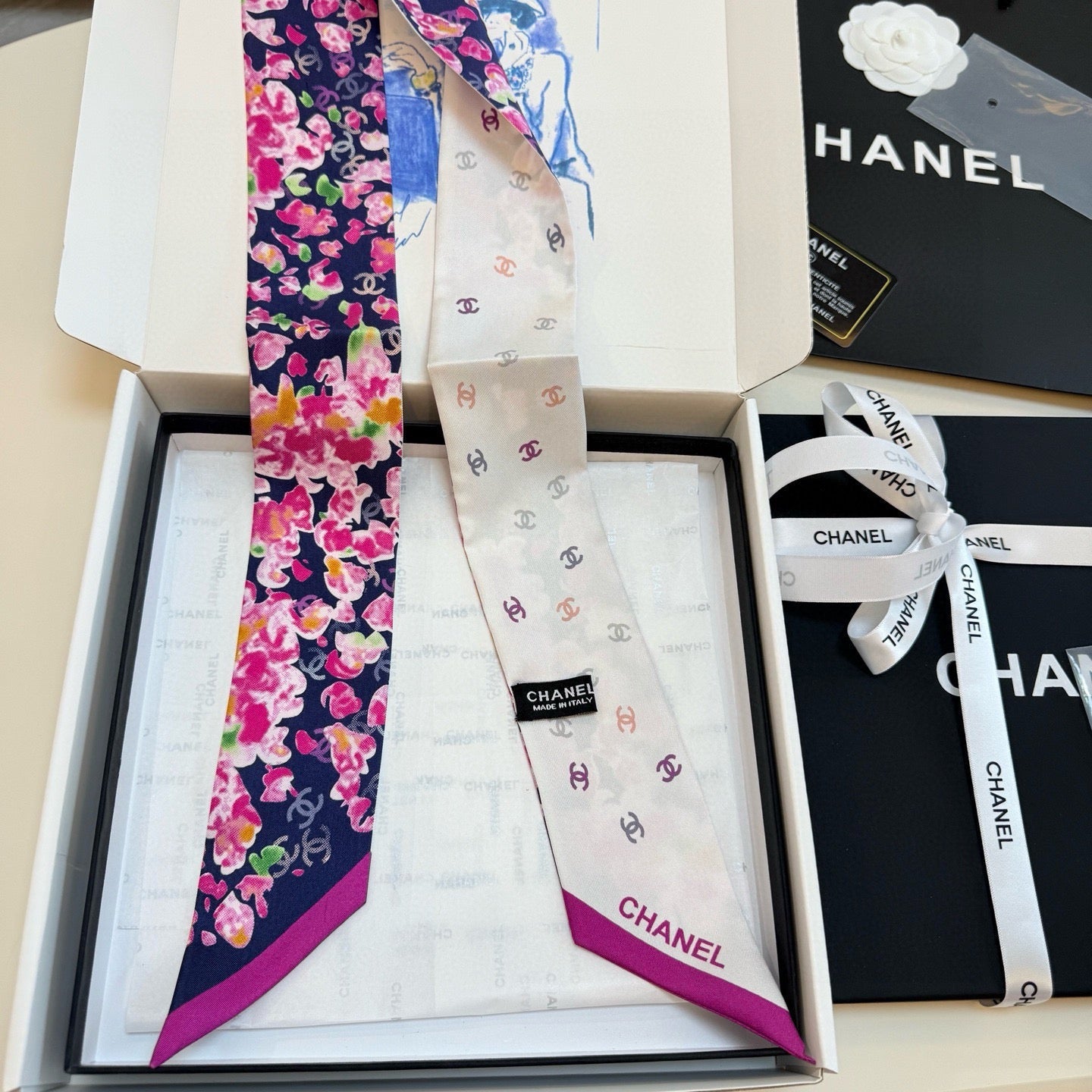 CC Twilly Mini Scarf 105 Black Pink Floral Pattern Silk Twill 147668