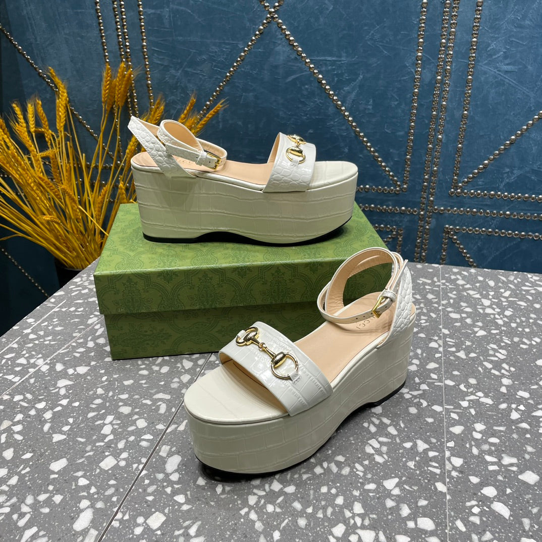 GG HORSEBIT FLATFORM SANDAL GLOSSY WHITE CALFSKIN
