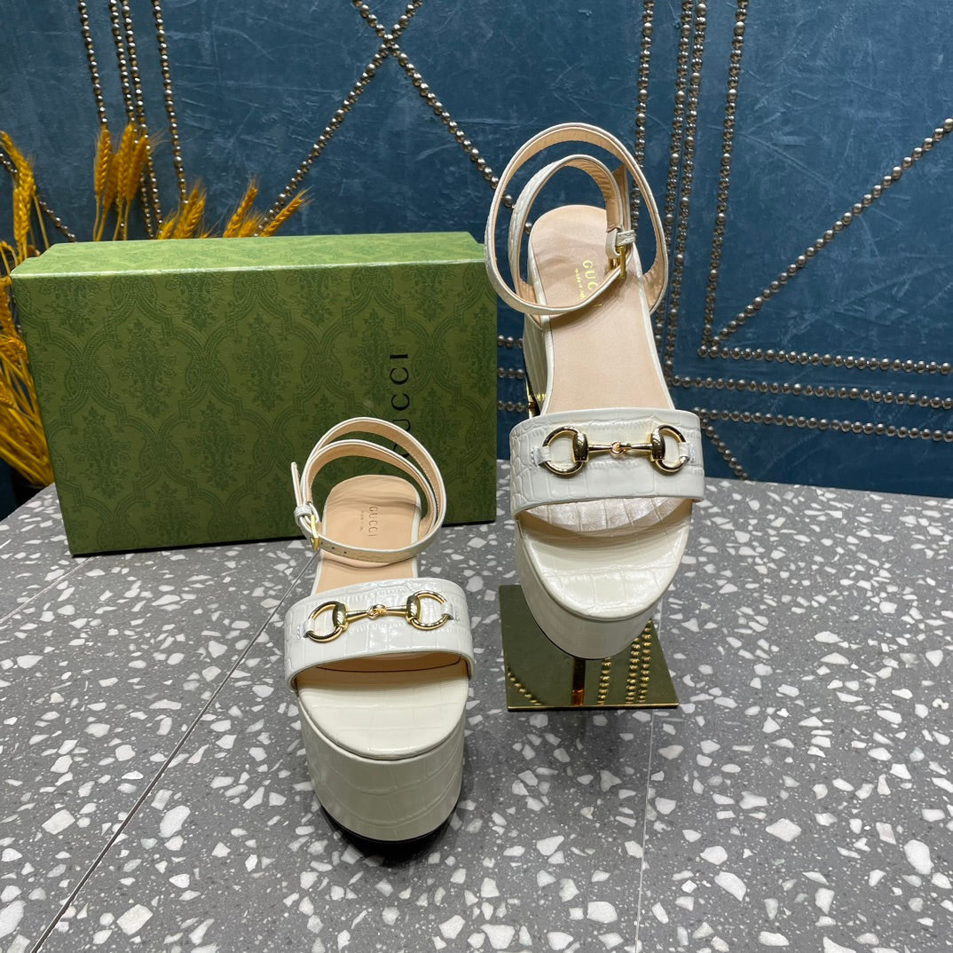 GG HORSEBIT FLATFORM SANDAL GLOSSY WHITE CALFSKIN