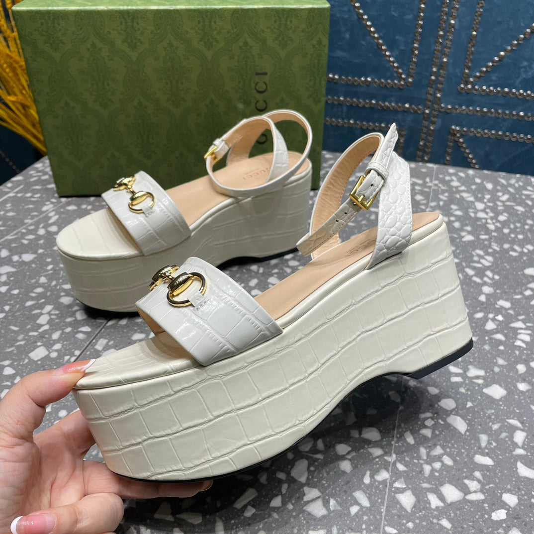 GG HORSEBIT FLATFORM SANDAL GLOSSY WHITE CALFSKIN
