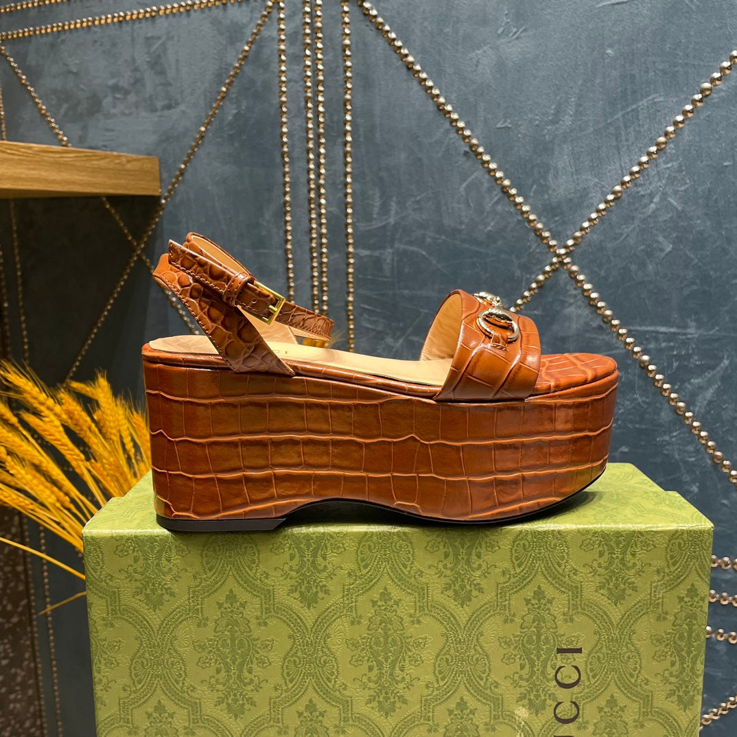 GG HORSEBIT FLATFORM SANDAL CARAMEL CALFSKIN