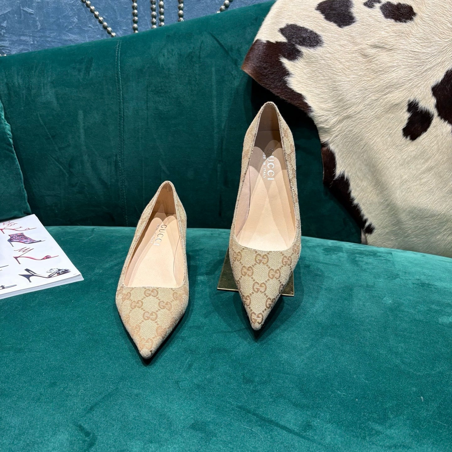 GG Pointed-Toe Slingback Light Beige Canvas 741264