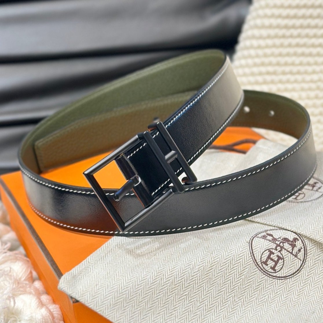 HM NATHAN REVERSIBLE BELT 32MM OLIVE GREEN AND BLACK LEATHER BLACK HARDWARE