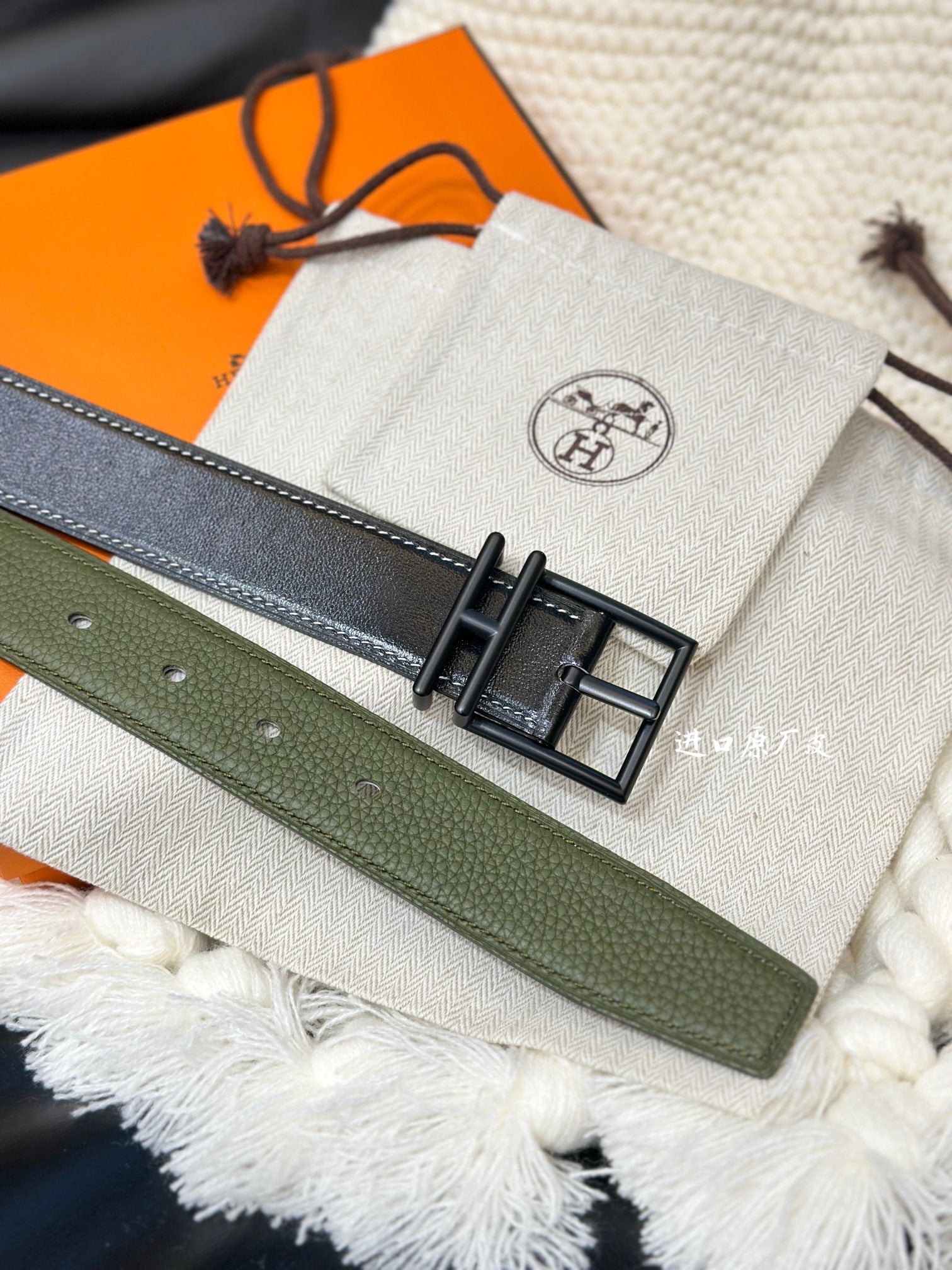 HM NATHAN REVERSIBLE BELT 32MM OLIVE GREEN AND BLACK LEATHER BLACK HARDWARE